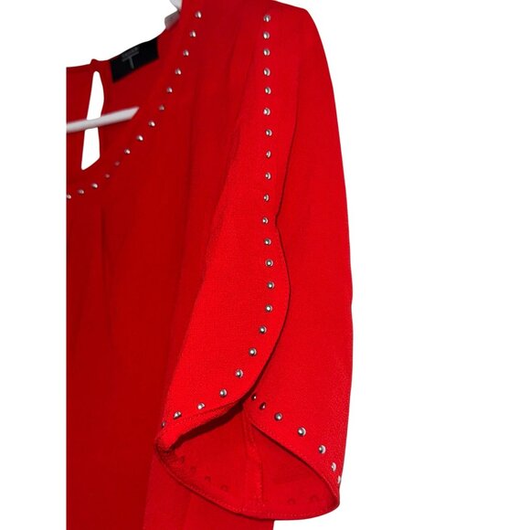 Tahari Red Short Sleeve Blouse With Studded Neckline & Sleeves S - Picture 7 of 11